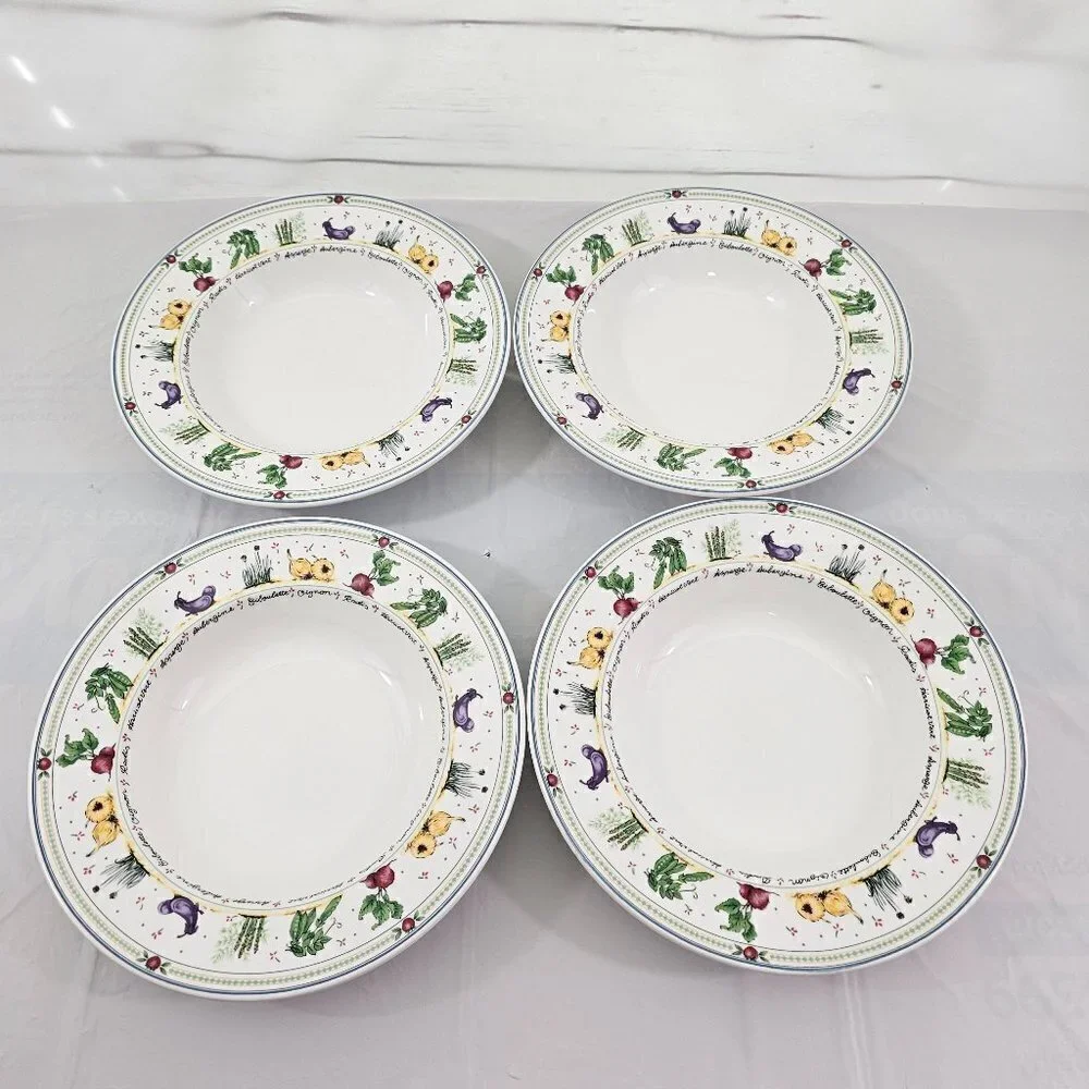 Mikasa Ultra Cream DX012 Garden Lane Vegetable Rim 9.25” Soup Salad Bowls - 4 PC